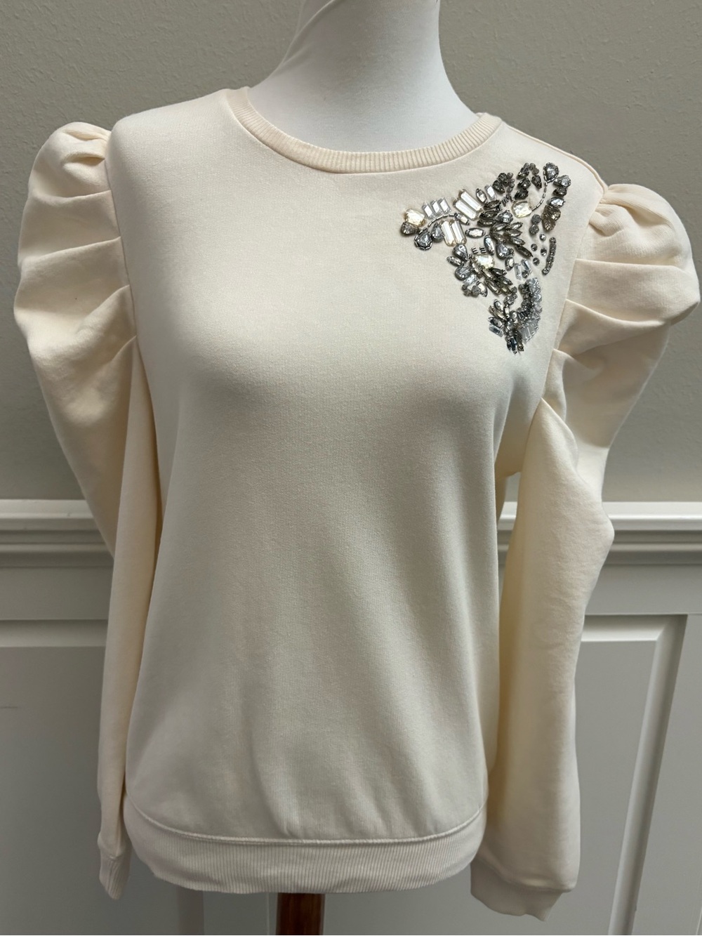 Express Puff-Sleeve Sweatshirt with Shoulder Embellishment-Small-NWT-Ivory